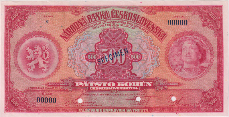 500 Koruna 1929, series C, zero number SPECIMEN 00000, diagonal black overprint ...