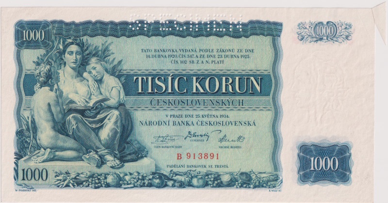 1000 Koruna 1934, series B, ERROR - stack of paper when cutting, SPECIMEN, BKK 2...