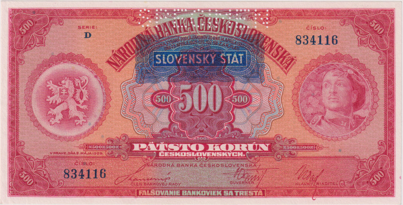 500 Koruna 1929, overprint 1939, series D, SPECIMEN, BKK 44, Hej 44aS1

UNC