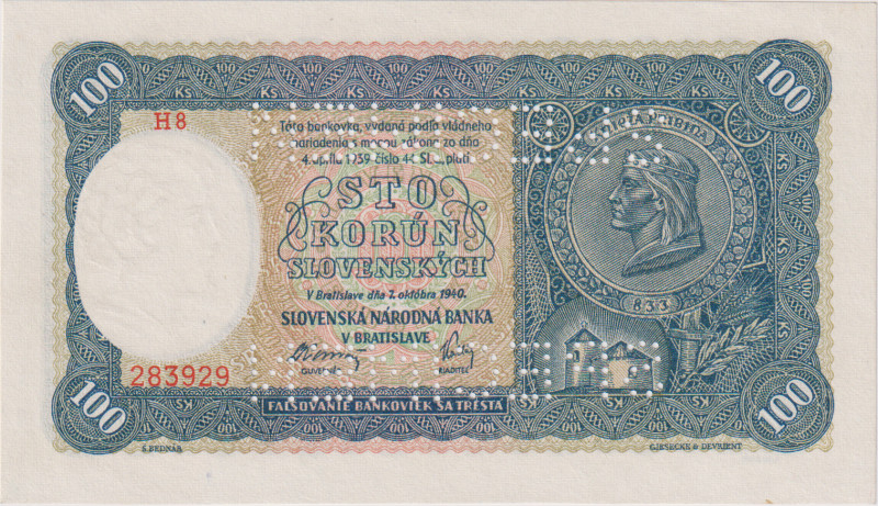 100 Koruna 1940, I.issue, series H 8, SPECIMEN - 2x SPECIMEN mirrored on top of ...