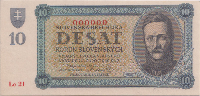 10 Koruna 1943, series Lc 21, zero number SPECIMEN 000000, PMG grading PMG64 EPQ...