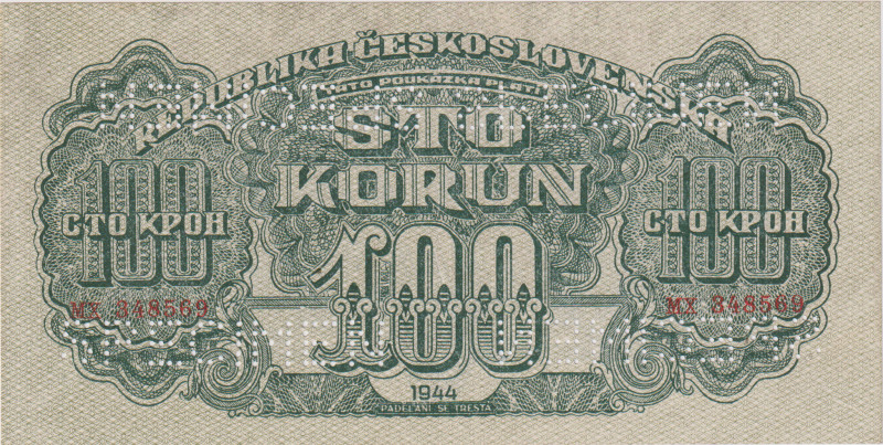 100 Koruna 1944, series MX, SPECIMEN - 4x SPECIMEN mirrored on top of each other...