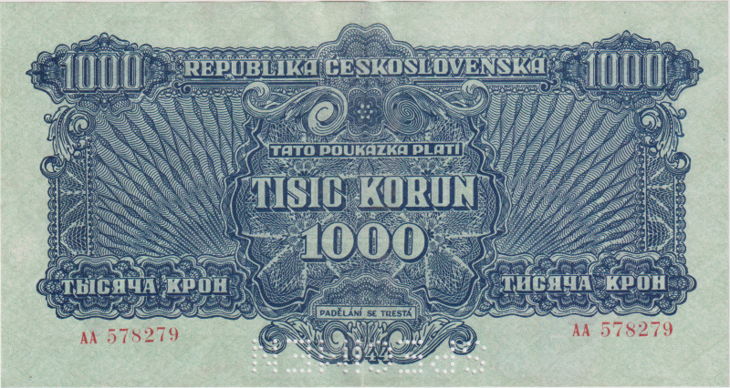 1000 Koruna 1944, perforation SPECIMEN down on the note, inverted by 180°, rare ...