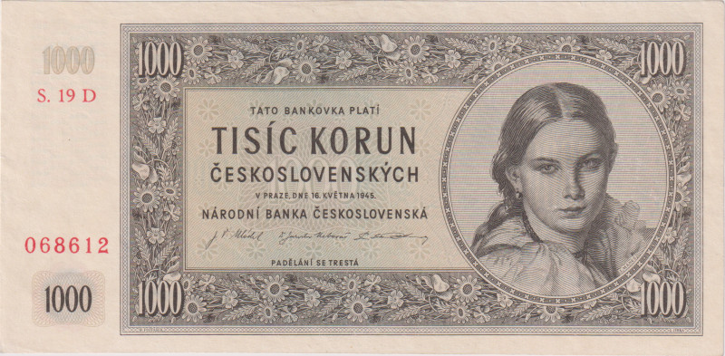 1000 Koruna 1945, series 19 D, the rarest series, BKK 78c2, Hej 79a

aUNC