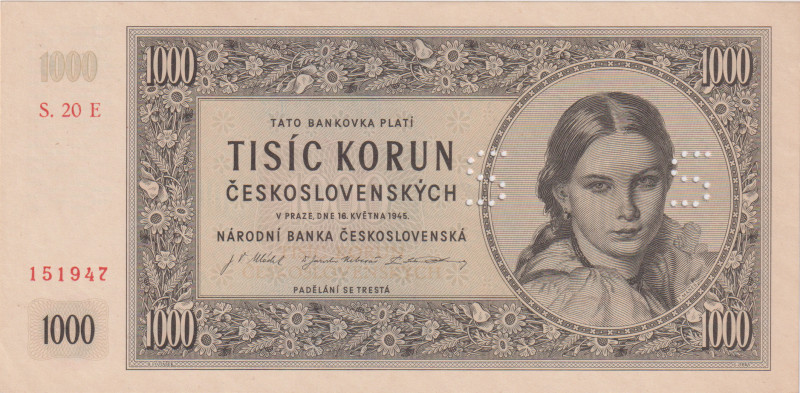 1000 Koruna 1945, series 20 E, interesting perforation 2x "S", BKK 78d, Hej 79bS...