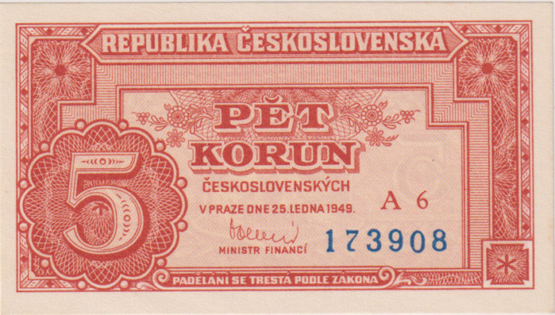 5 Koruna 1949, series A 6, BKK 82a, Hej 83a1

UNC