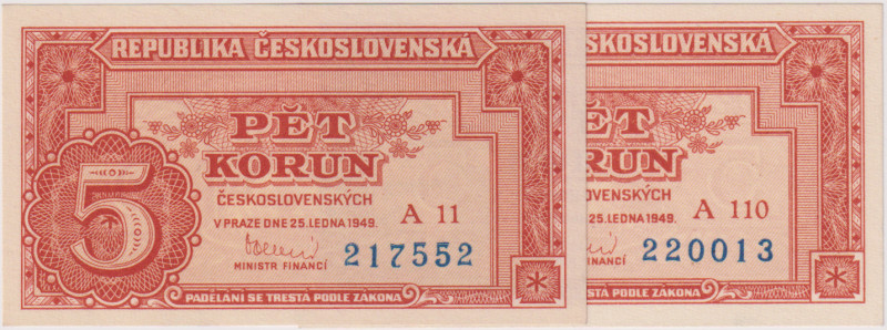 5 Koruna 1949, series A 11 a A 110, 2 pcs, BKK 82bc, Hej 83a23

UNC