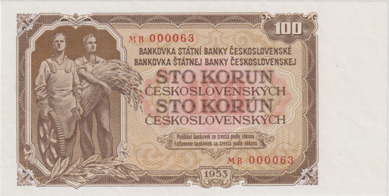 100 Koruna 1953, series MB, interesting number 000063, STC Praha, BKK 92b, Hej 9...