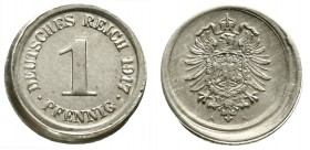 Proben, Verprägungen und Besonderheiten Kaiserreich Reichskleinmünzen
1 Pfennig Alu 1917 A stark verprägt, vermutlich doppelt geschlagen, dadurch ein...