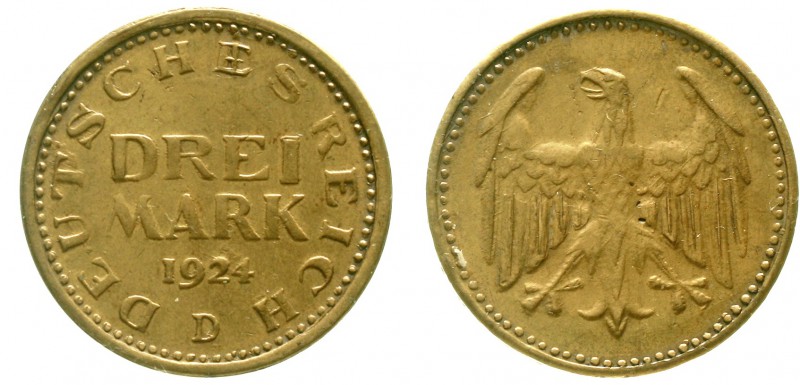 Proben, Verprägungen und Besonderheiten Weimarer Republik
3 Reichsmark 1924 D, ...