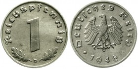 Proben, Verprägungen und Besonderheiten Alliierte Besetzung
1 Reichspfennig Probe 1946 D. Aluminium 0,69 g.
Stempelglanz, selten