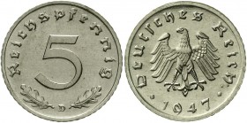 Proben, Verprägungen und Besonderheiten Alliierte Besetzung
5 Reichspfennig Probe 1947 D. Nickel (98 % RFA). 2,95 g.
fast Stempelglanz, von größter ...