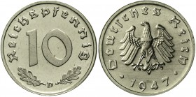 Proben, Verprägungen und Besonderheiten Alliierte Besetzung
10 Reichspfennig Probe 1947 D. Nickel (98 % RFA). 4,06 g.
fast Stempelglanz, von größter...