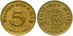 Proben, Verprägungen und Besonderheiten Alliierte Besetzung
5 Reichspfennig Probe 1948 A. Eisen messingplattiert. 2,99 g.
fast vorzüglich, von größt...