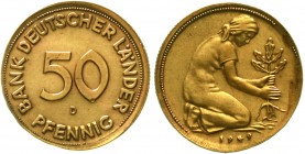 Proben, Verprägungen und Besonderheiten Bundesrepublik Deutschland
50 Pfennig BDL 1949 D. Eisen, messingplattiert. 2,99 g. Leicht dezentriert, dadurc...