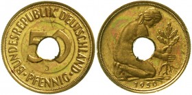 Proben, Verprägungen und Besonderheiten Bundesrepublik Deutschland
50 Pfennig 1950 J. Eisen, messingplattiert. 2,98 g. Durch Lochung entwertet
präge...