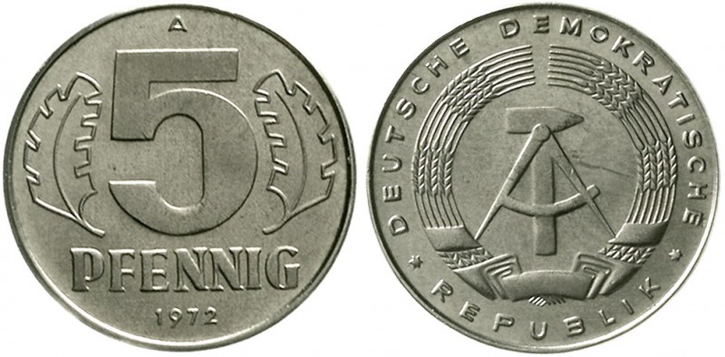 Proben, Verprägungen und Besonderheiten DDR
5 Pfennig 1972 A. Chromstahl (83 % ...