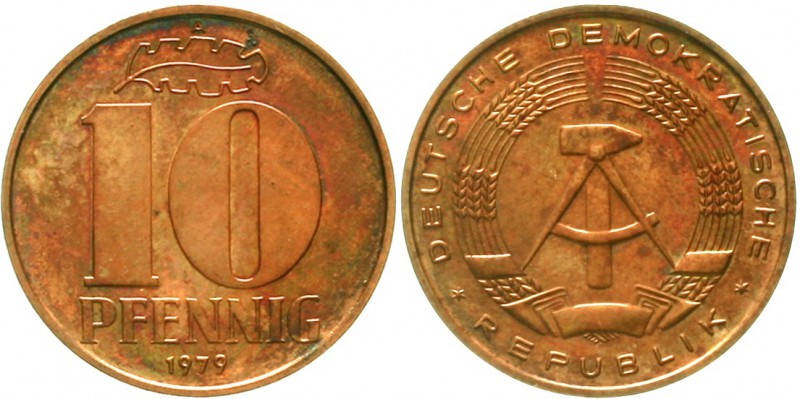 Proben, Verprägungen und Besonderheiten DDR
10 Pfennig 1979 A. Messing (84 % Cu...