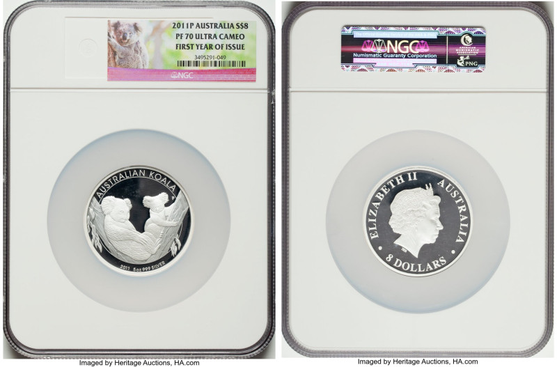Elizabeth II silver Proof "Koala" 8 Dollars (5 oz) 2011-P PR70 Ultra Cameo NGC, ...