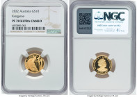 Elizabeth II gold Proof "Kangaroo" 10 Dollars (1/10 oz) 2022-P PR70 Ultra Cameo NGC, Perth mint, KM-Unl. HID09801242017 © 2023 Heritage Auctions | All...