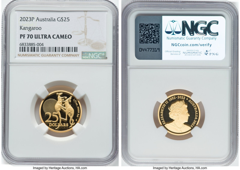 Elizabeth II gold Proof "Kangaroo" 25 Dollars (1/5 oz) 2023-P PR70 Ultra Cameo N...