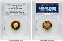 Elizabeth II Pair of Certified "End of WWI Centennial" Assorted Issues 2018-P PR70 Deep Cameo PCGS, 1) gold 25 Dollars (1/4 oz) 2) silver Dollar (1 oz...