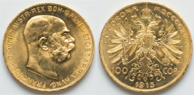 Franz Joseph I gold Restrike 100 Corona 1915 UNC, Vienna mint, KM2819, Fr-507R. 36.9mm. 33.86gm HID09801242017 © 2023 Heritage Auctions | All Rights R...