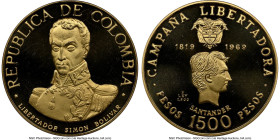 Republic gold Proof "Battle of Boyaca" 1500 Pesos 1969-B PR65 Ultra Cameo NGC, Bogota mint, KM242. A rather sleek and elegant Proof Gem, struck to com...