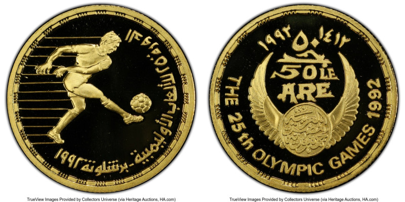 Arab Republic gold Proof "Soccer" 50 Pounds AH 1412 (1992) PR70 Deep Cameo PCGS,...