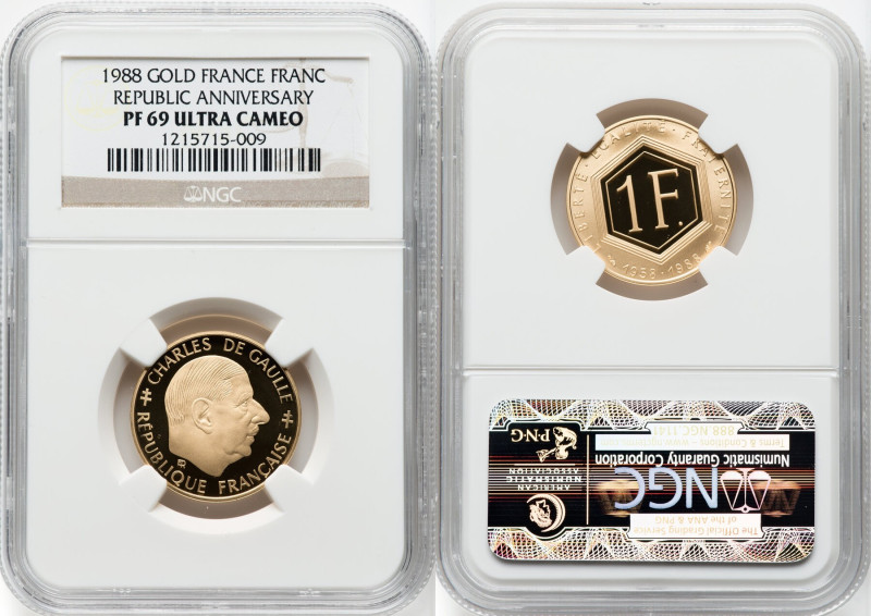 Republic gold Proof "Republic Anniversary" Franc 1988 PR69 Ultra Cameo NGC, Pari...