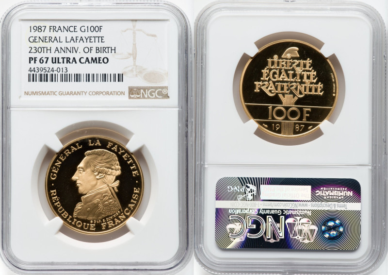 Republic gold Proof "General Lafayette" 100 Francs 1987 PR67 Ultra Cameo NGC, KM...