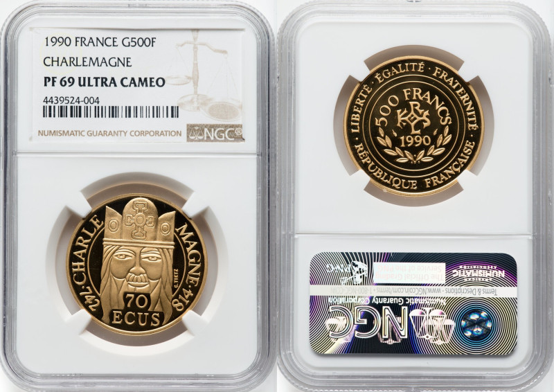 Republic gold Proof "Charlemagne" 500 Francs (70 Ecus) (1/2 oz) 1990 PR69 Ultra ...