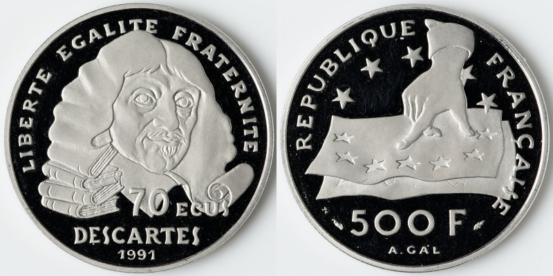 Republic platinum Proof "Descartes" 500 Francs (70 Ecus) 1991, KM1003A. Mintage:...