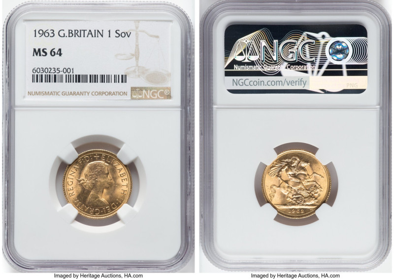 Elizabeth II gold Sovereign 1963 MS64 NGC, KM908. HID09801242017 © 2023 Heritage...