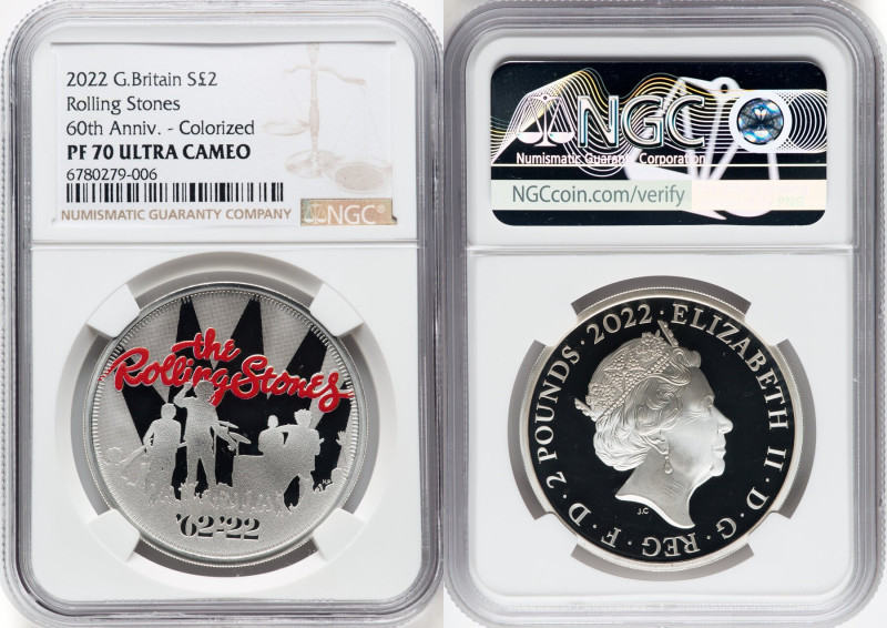 Elizabeth II silver Proof Colorized "Rolling Stones" 2 Pounds (1 oz) 2022 PR70 U...