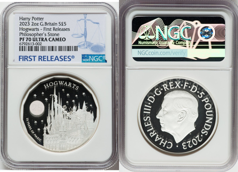 Charles III silver Proof "Hogwarts" 5 Pounds (2 oz) 2023 PR70 Ultra Cameo NGC, M...