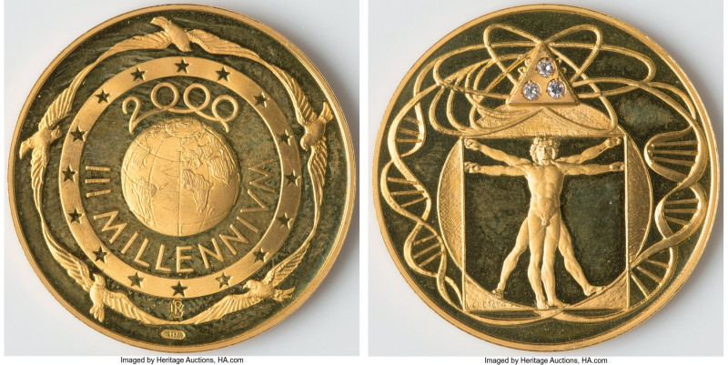 Republic gold "III Millennium- Vitruvian Man" Medal 2000-Dated UNC, 30mm. 15.45g...