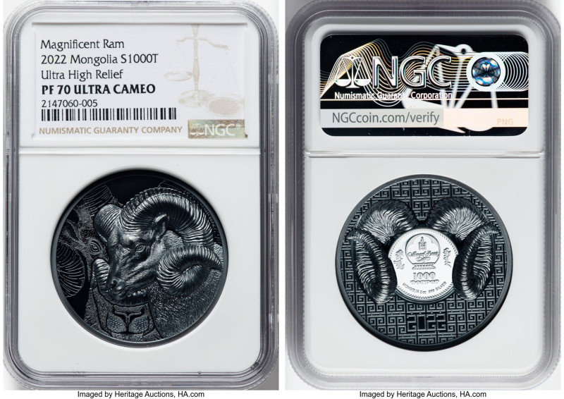 People's Republic silver Proof Ultra High Relief "Magnificent Ram" 1000 Tugrik 2...