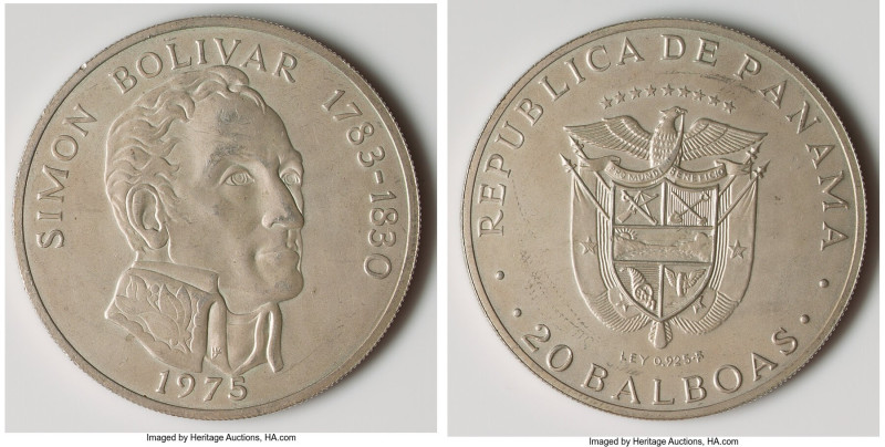 Republic silver "Simon Bolivar" 20 Balboas 1975-Dated AU, Cf. KM21 (listed for y...