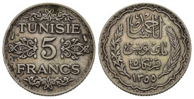TUNISIA. Protettorato Francese. 5 Francs 1355AH (1936). Ag. BB