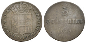 FIRENZE. Granducato di Toscana. Leopoldo II di Lorena (1824-1859). 3 quattrini da 1 soldo 1839. Cu. Gig. 84. R. MB