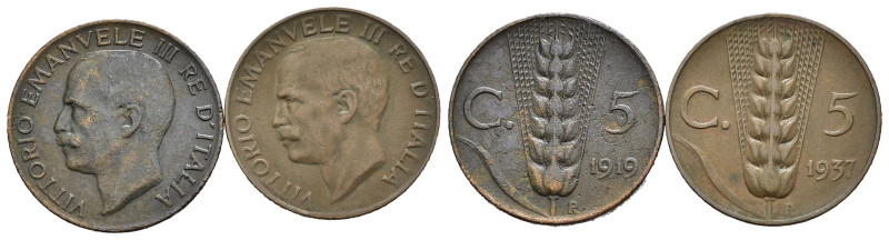 Regno d'Italia. Vittorio Emanuele III (1900-1943). Lotto di 2 monete da 5 centes...