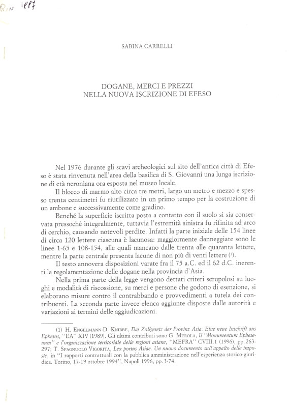 CARRELLI S. - Dogane,merci e prezzi nella nuova iscrizione di Efeso. Milano, 199...