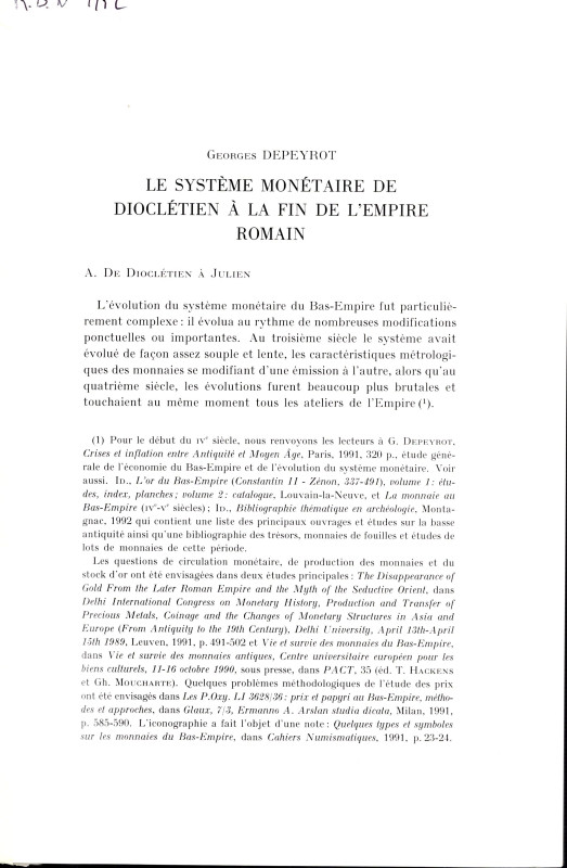 DEPEYROT G. - Le systeme monetaire de Diocletien a la fin de l'Empire romain. Br...