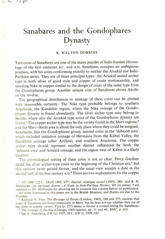 DOBBINS W.K. - Sanabares and the Gondophares dynasty. London, 1971. pp 135 - 142...