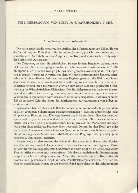 PFEILER BARBEL. – Die silberpragung von Milet im 6. Jahrhundert v. chr. S.l s.d....