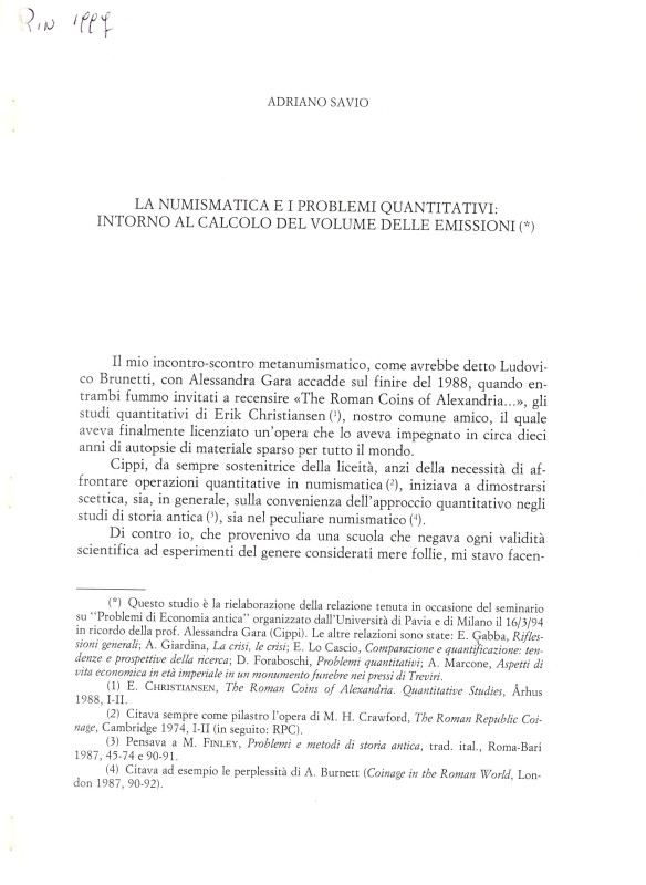 SAVIO A. - La numismatica e i problemi quantitativi: intorno al calcolo del volu...