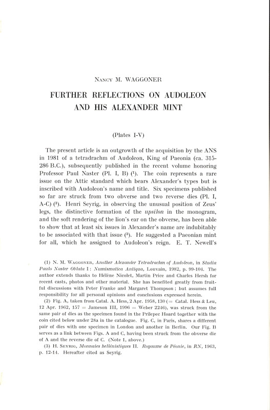 WAGGONER N. M. - Further reflection on Audoleon and his Alexander mint. Bruxelle...