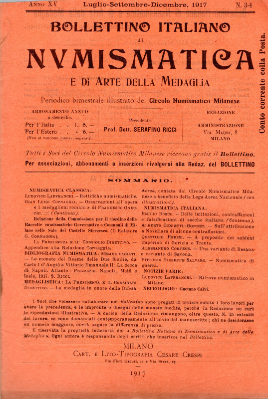 BOLLETTINO ITALAINO DI NUMISMATICA E ARTE DELLA MEDAGLIA. Milano, 1917. 1 fascic...