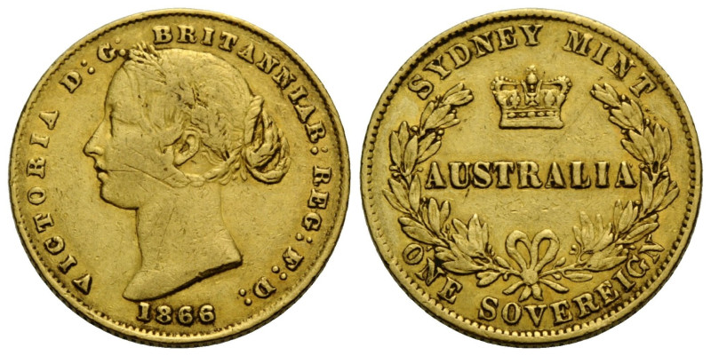 Victoria, 1837-1901 Sovereign 1866 Sydney. 22.05 mm. Gold 0.916. KM 4, Friedberg...